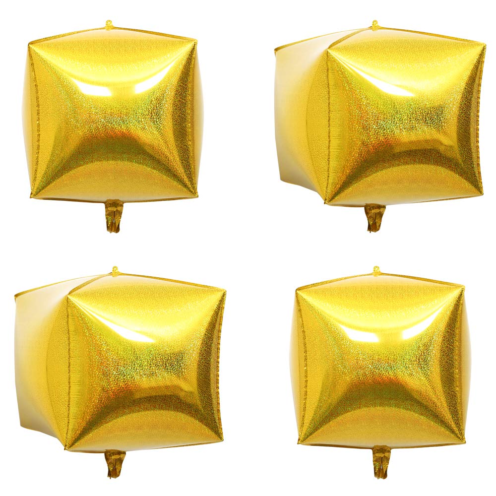 Gold Holographic Laser Cube Foil Balloons 4 count 15" Hangable Square Shaped Aluminum Balloon for Wedding Decorations Birthday Party Baby Shower Engagement Party Backdrop Venue Decor
