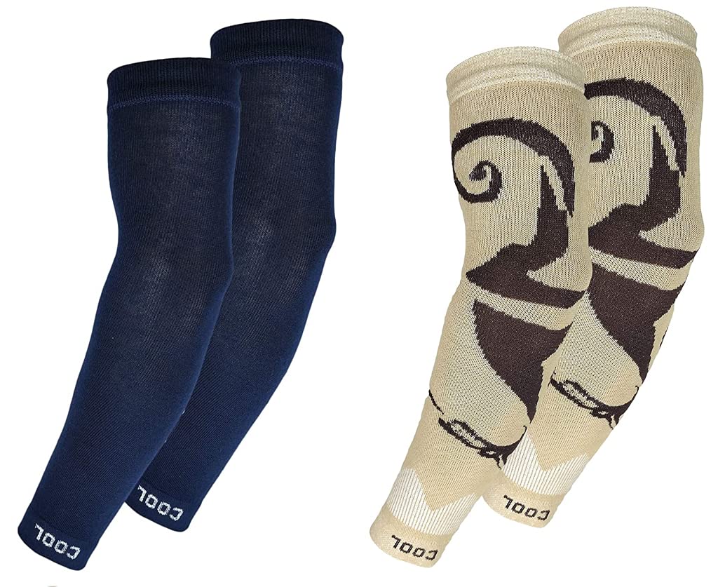 TENDSY Men & Women Cotton Sports Arm Sleeves (Pack of 2 Pairs, Navy Blue and Skin Printed)