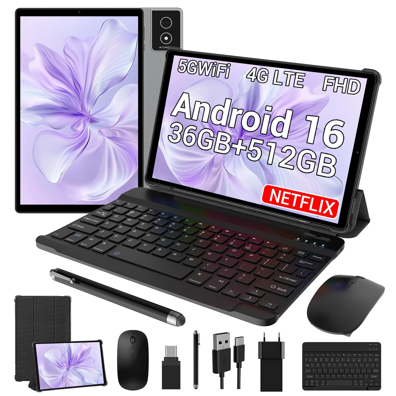 VELVDIVA Tablet 11 Pollici Android 16, 36 GB RAM + 512 GB ROM (TF 2 TB), Octa-Core 2,0 GHz, Widevine L1, 4G LTE, 5GWiFi/4GLTE, 8000 mAh, 8+13 MP/GPS/BT5.0, con Tastiera e Mouse, Grigio