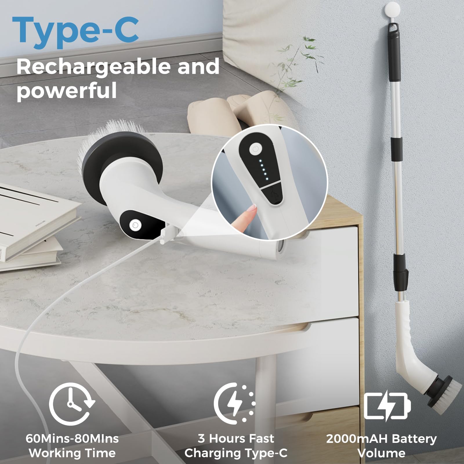 Cepillo Electrico Limpieza Hogar 9 en 1, Fregadora Giratoria Eléctrica con 9 Cabezales Intercambiables, 5 Velocidades Ajustables, IPX6 Impermeable, Mango Extensible Ajustable para baño, Cocina