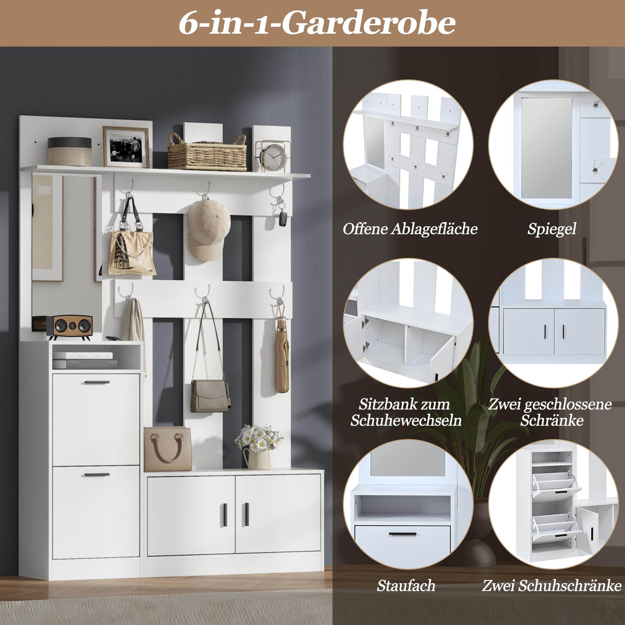 Garderoben-Set mit Schuhschrank, Spiegel und Kleiderhaken, Flurgarderobe Set mit Ablagefläche, Wandgarderoben Set für Eingangsbereich, Weiß, 120x30x180 cm