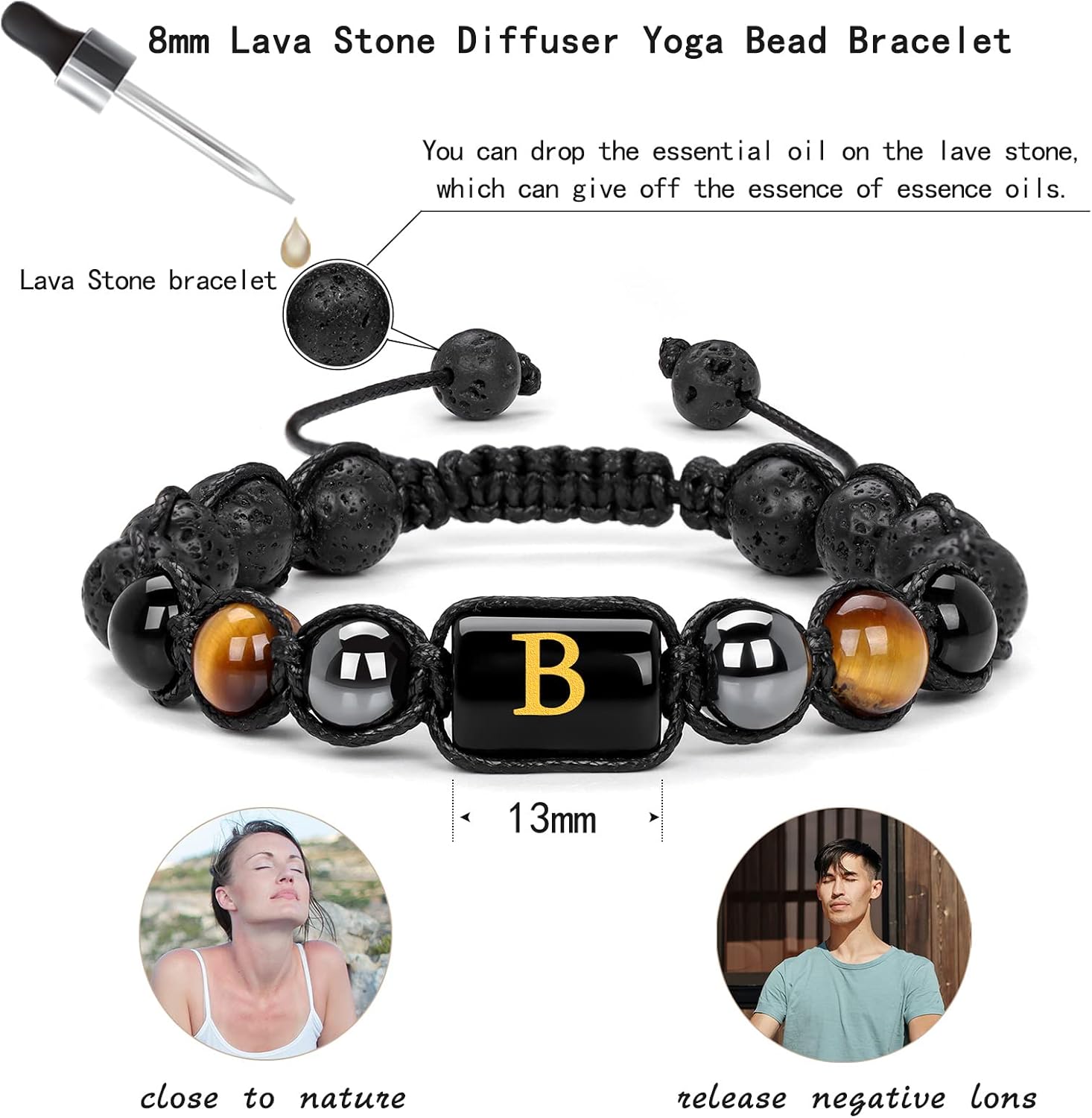 Initial Beaded Bracelets for Men,8mm Tiger Eye Obsidian Hematite Triple Protection Bracelet,Handmade Mens Letter Lava Rock Stone Bracelet Stress Relief Yoga Beads Bracelets Adjustable Anti Anxiety Bracelets for Men Women Jewelry Gifts - Image 3