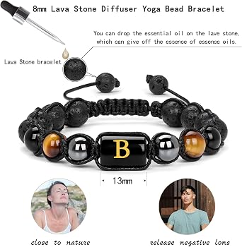Vinswet Initial Beaded Bracelets for Men,8mm Tiger Eye Obsidian Hematite Triple Protection Bracelet, Natural Crystal, tiger eye