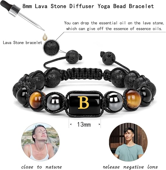 Vinswet Initial Beaded Bracelets for Men,8mm Tiger Eye Obsidian Hematite Triple Protection Bracelet, Natural Crystal, tiger eye
