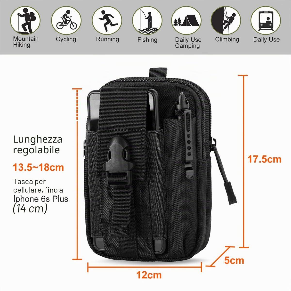 Unigear Marsupio Tattico da Cintura 1000D con Moschettone per Ciclismo, Escursionismo