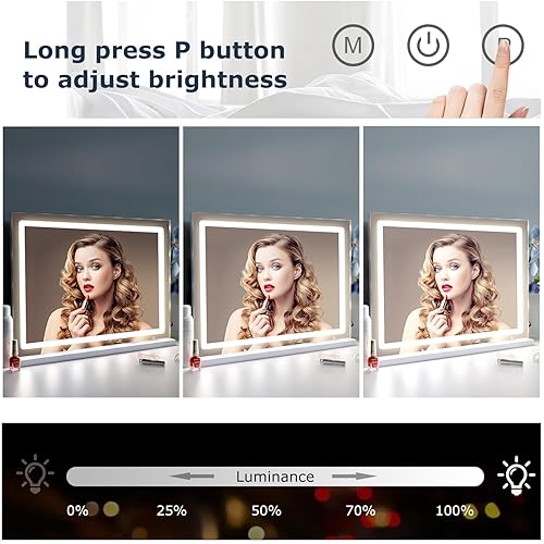 Miniatura 3 de Espejo de tocador de maquillaje con luces, 22.8 x 18.1 pulgadas, espejo grande con luz LED con aumento de 10 veces y puerto de carga USB, toque
