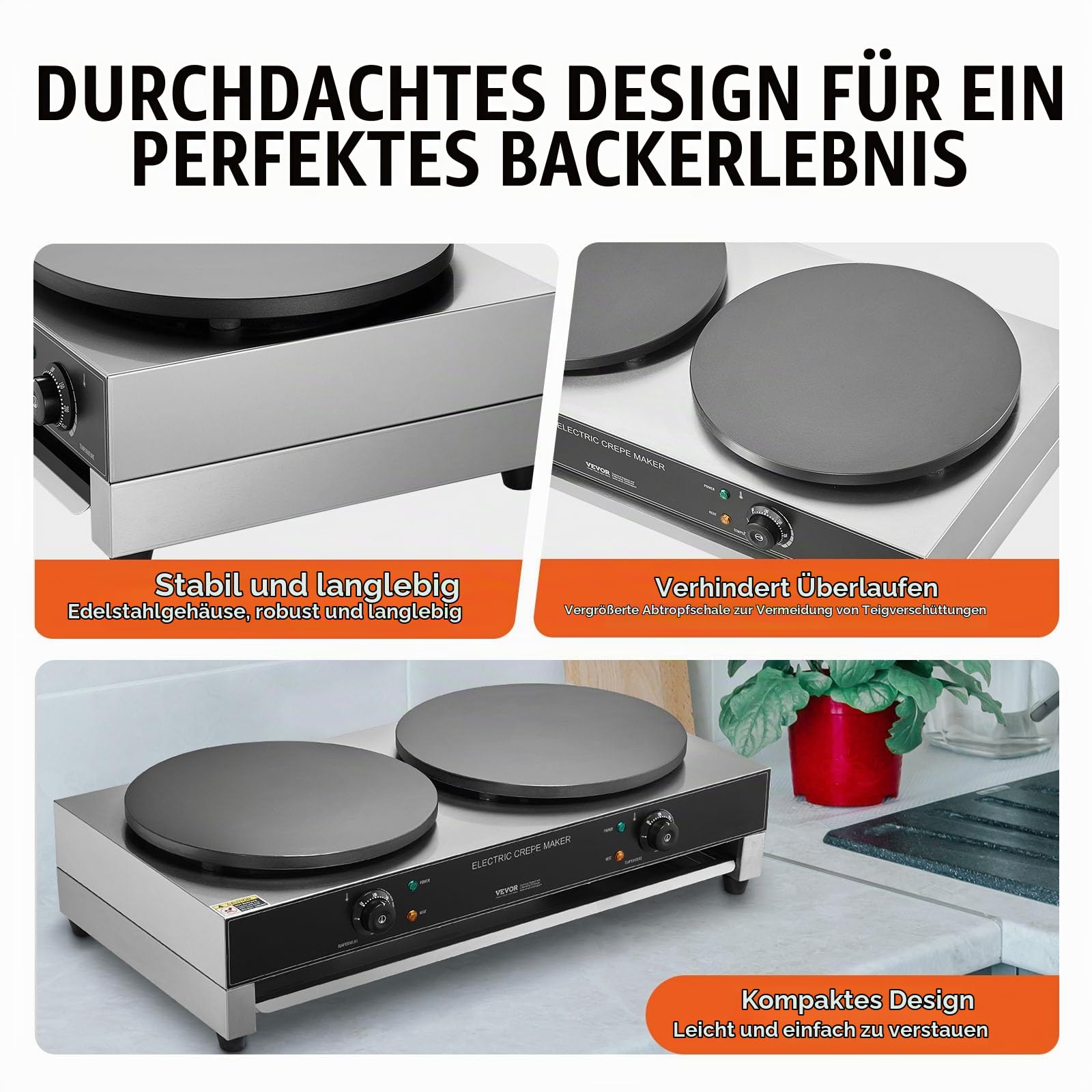 VEVOR elektrischer Crepemaker Crepe-Maschine mit Doppelkopf 6000 W flache Crepe-Grillplatte, Pfannkuchenherd aus Edelstahl, Cerealien-Pfannkuchenherd, Temperaturregelung (kein Stecker)