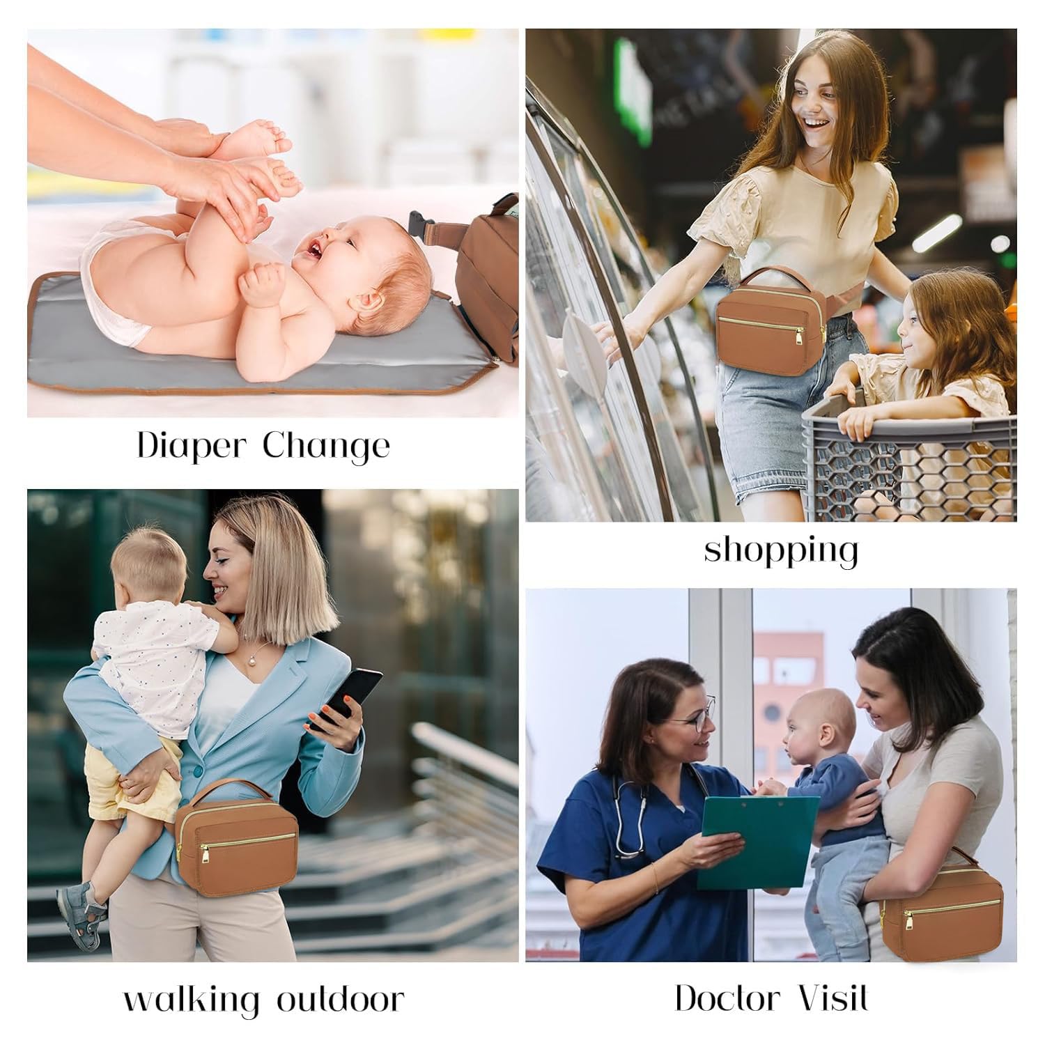 printe Kleine Wickeltasche mit tragbarer Wickelunterlage, Crossbody-Tasche für Damen, mit Feuchttüchertasche für Reisen, Kinderwagen-Windel, lustiger Rucksack, Braun