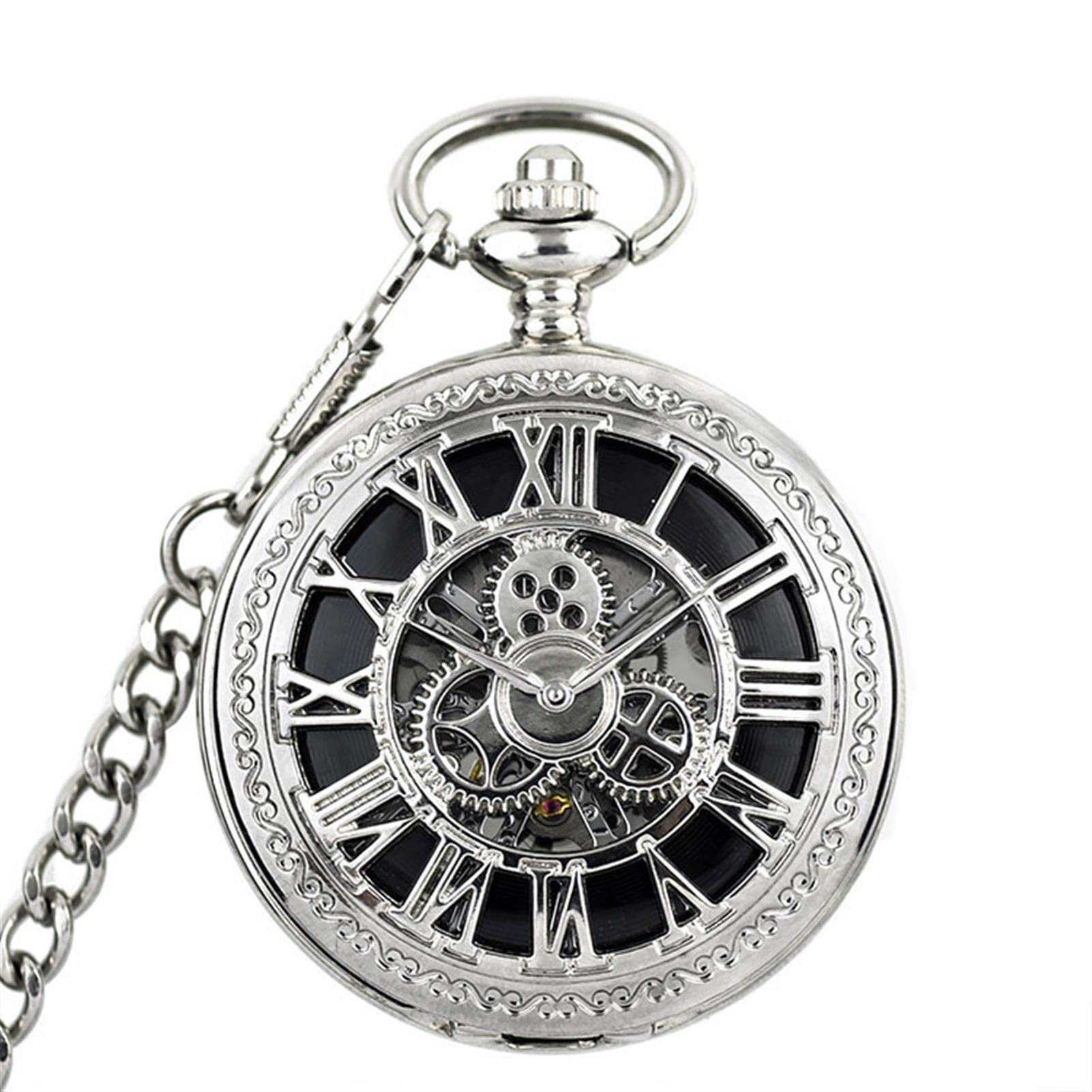 Mode Retro Taschenuhr Herrentaschenuhr, Antike Skelett mechanische Männer Steampunk mechanische Fob Uhren Uhr Anhänger Handaufzug(Silver)
