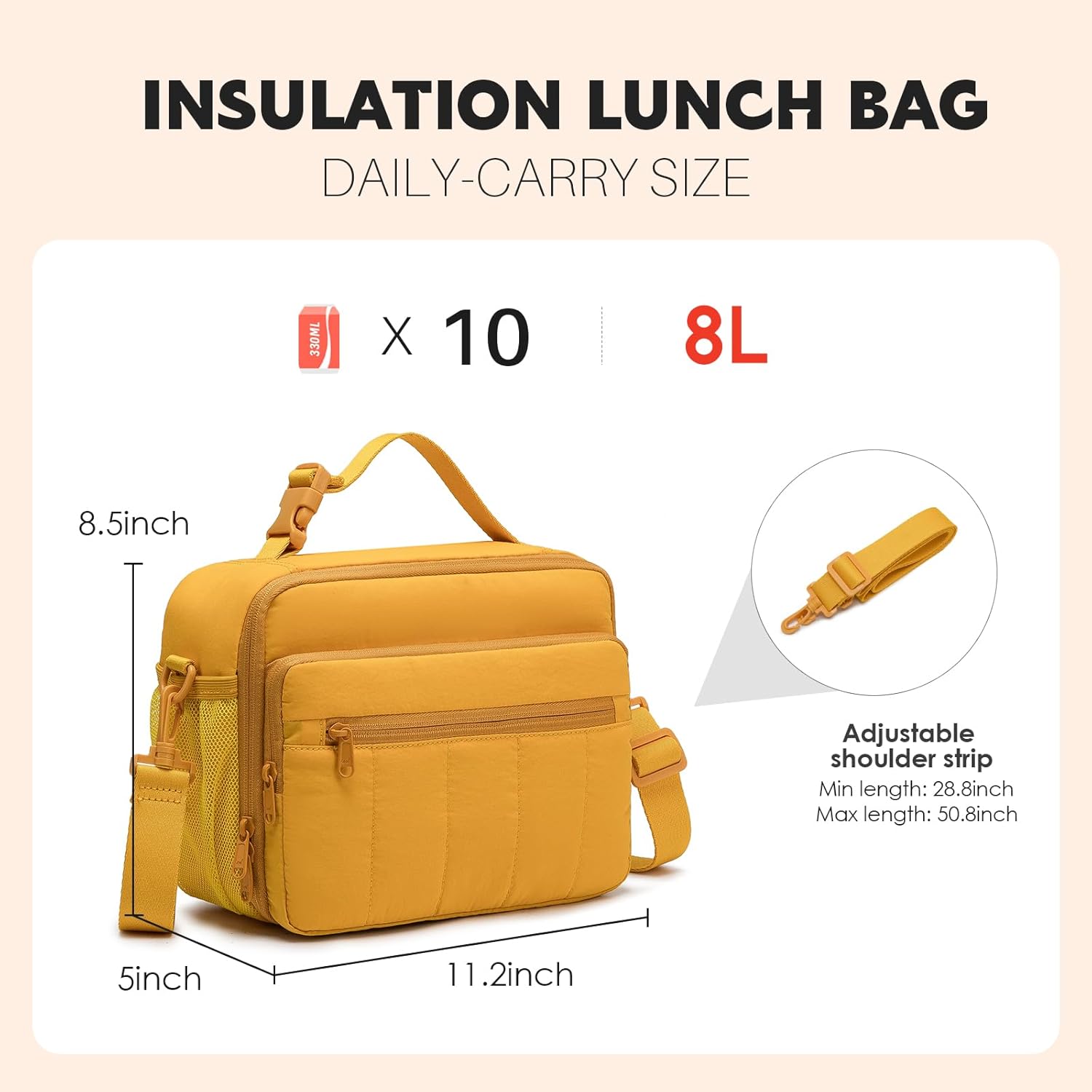 NOL Natural Organic Lifestyle Lunch Bag for Women, 8L Quilted Cooler Tote – Lightweight, Waterproof, Reusable Puffy Lunch Box for Work & Office, Earth-yellow