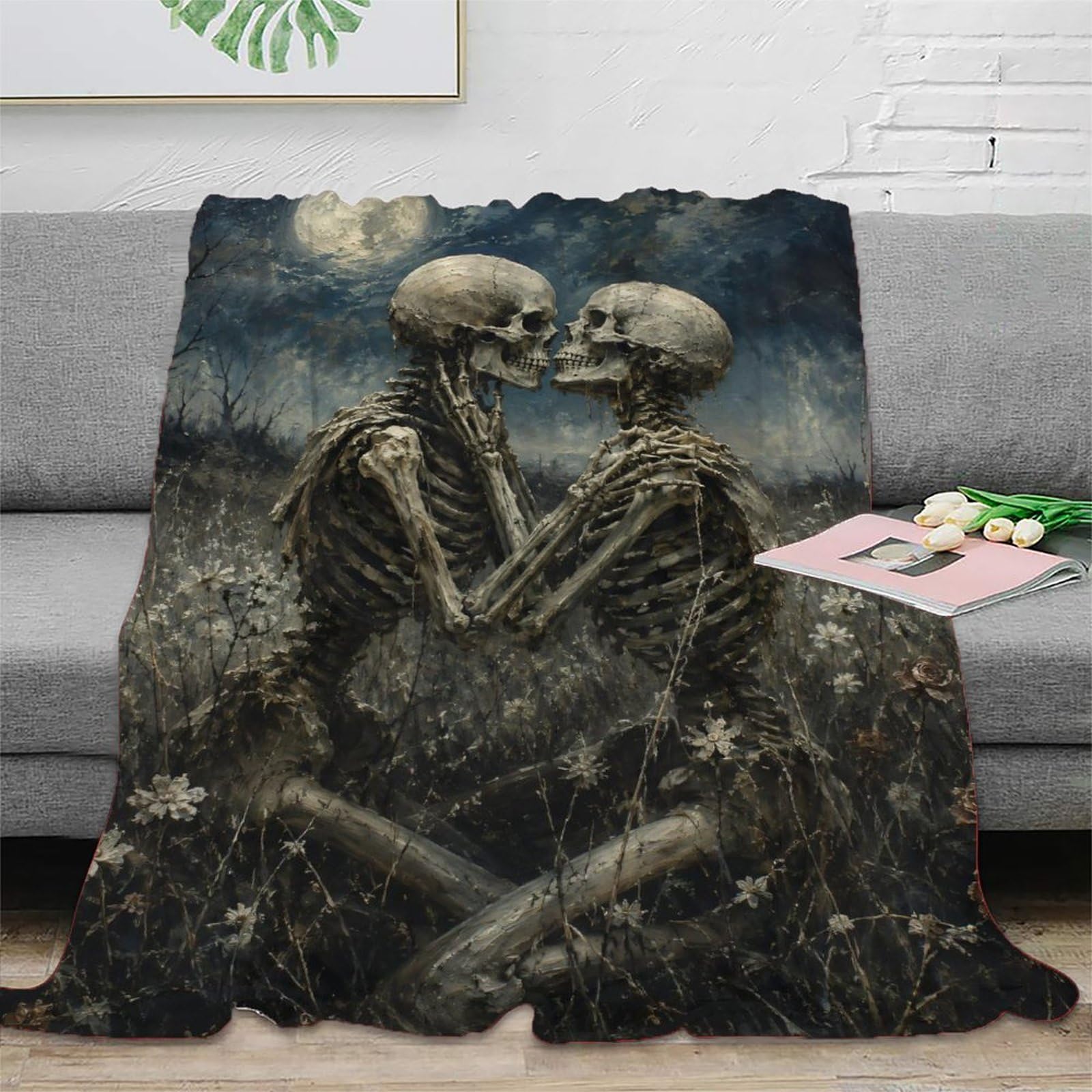 W7C8U2X3 Skeleton Couple Moonlit Field Throw Blanket, Flannel, Travel