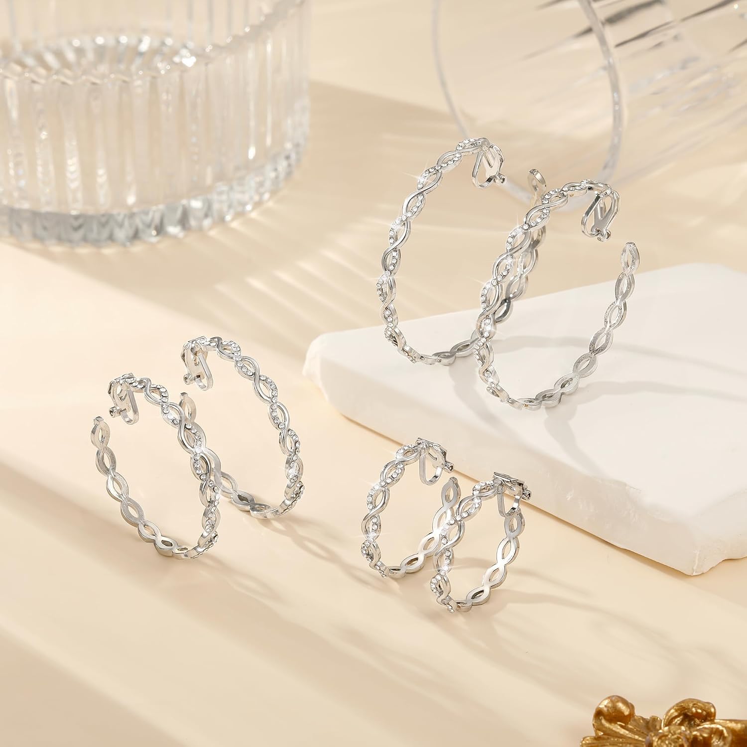 Clip On Hoop Earrings for Women Lightweight - Silver Twisted Clip-on Hoop Earings With Cubic Zirconia Fake Non Pierced Ears Jewelry