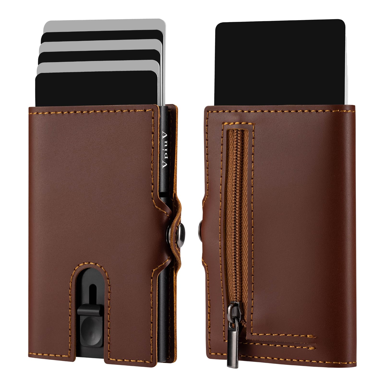 VpiuV® portafoglio uomo, Pelle Marrone Liscia, 10 x 6,5 x 1,5 cm, Moderno