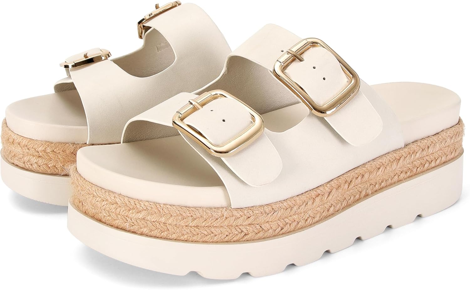 DOEYG Beige Platform Sandals Women Buckle Slide Sandals Comfortable Dressy Slip on Flatform Wedge Sandal Summer Beach Slides with Buckle Size 8