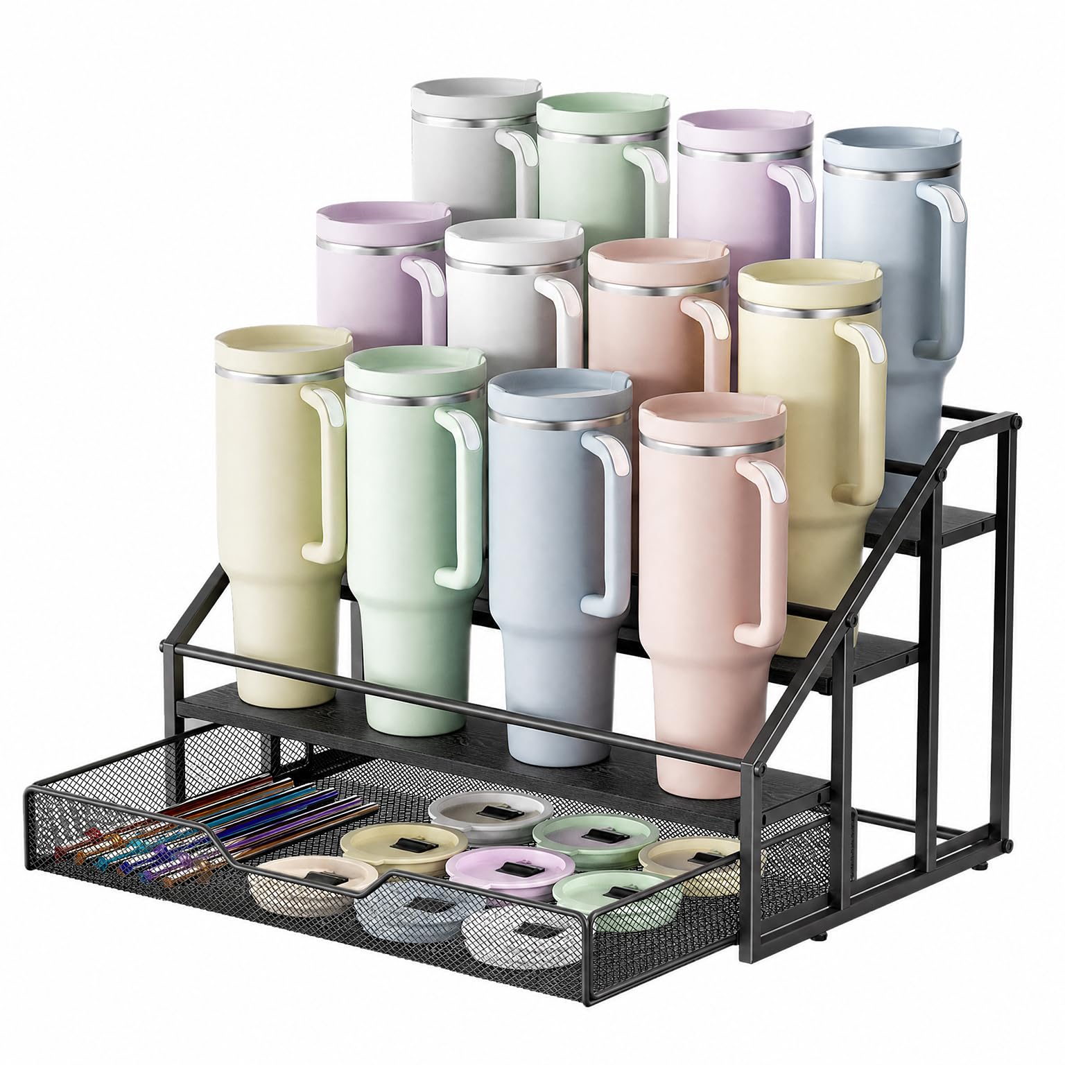 4-Tier Stanley Cup Rack with Basket for 12 Tumblers, Black Wood