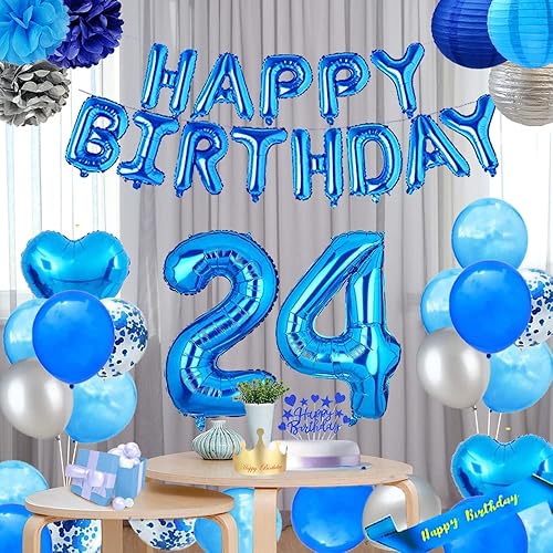 Miniatura 3 de Decoraciones azules de cumpleaños número 24, banderines y decoración para tartas, globos de látex con confeti número 24, faroles de papel para