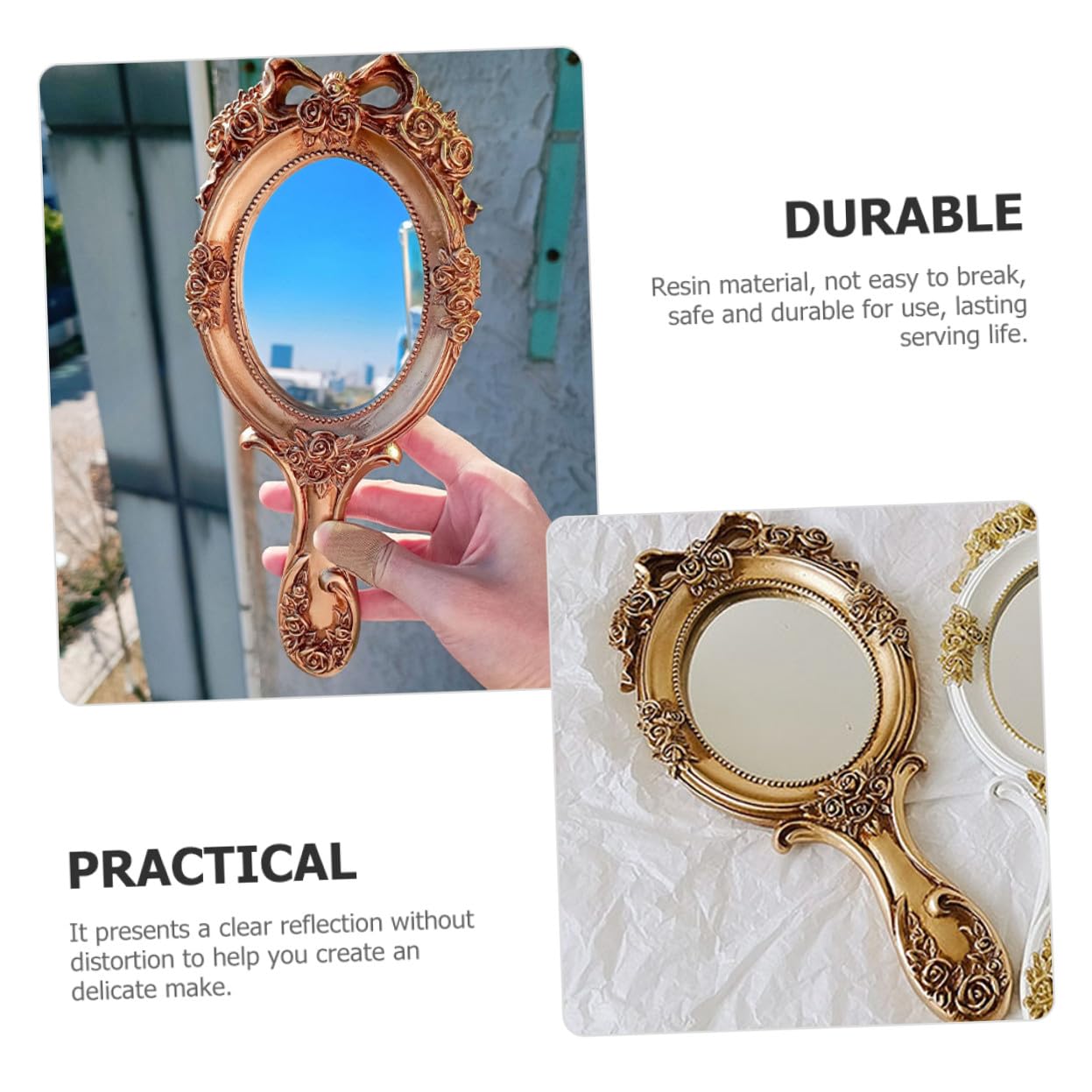 2 Stück Vintage Handspiegel Griff Tragbarer Kompakter Reise Make up Spiegel für Damen Filigraner Retro Handspiegel mit Floralem Design Leicht und Dekorativ Geschenk