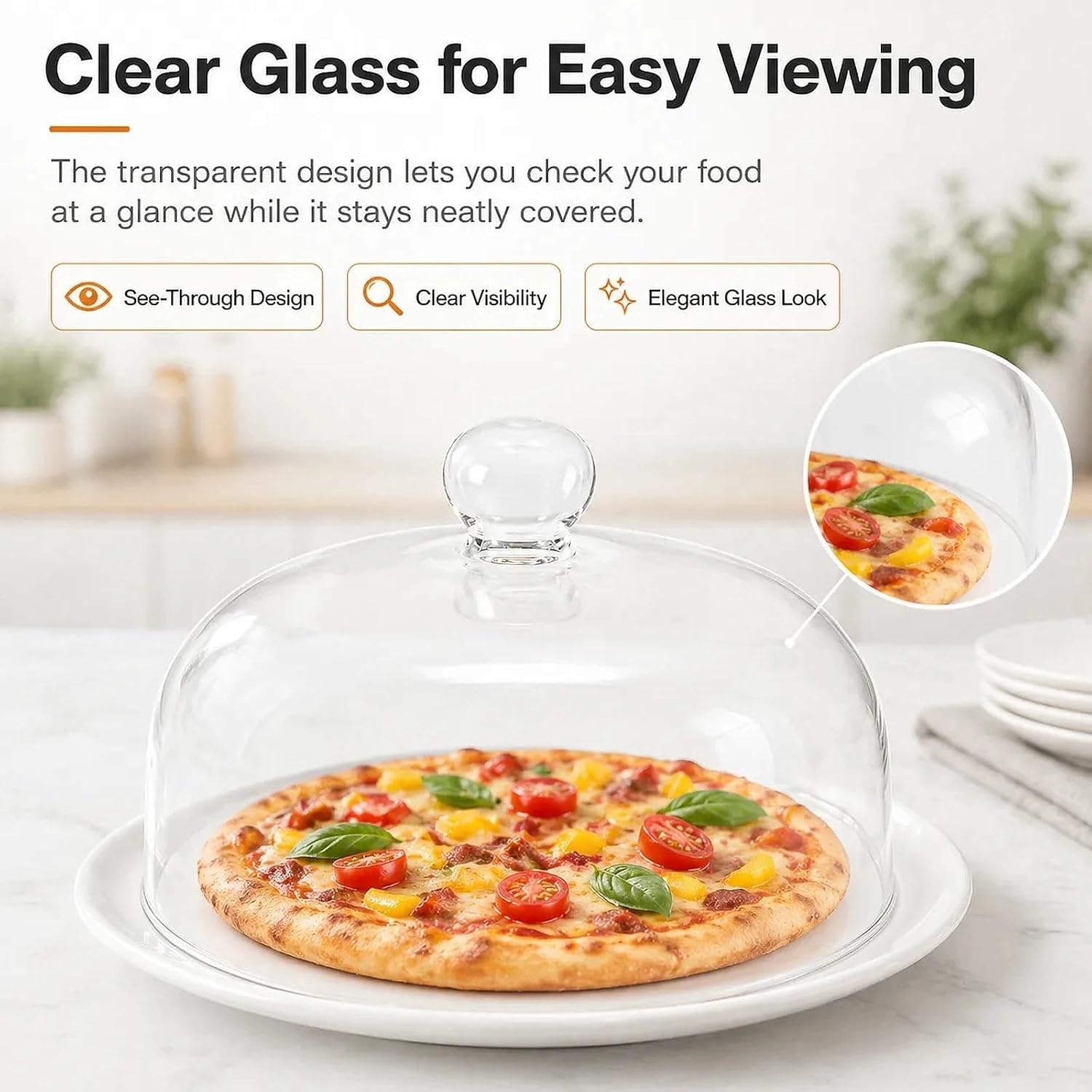 Universal Glass Microwave Splatter Guard, Clear Tall Dome Lid With Vent Hole & Easy-Grip Silicone Knob, Plastic-Free Food Grade Cookware, Reusable, Oven & Dishwasher Safe, 13-30cm(16cm)