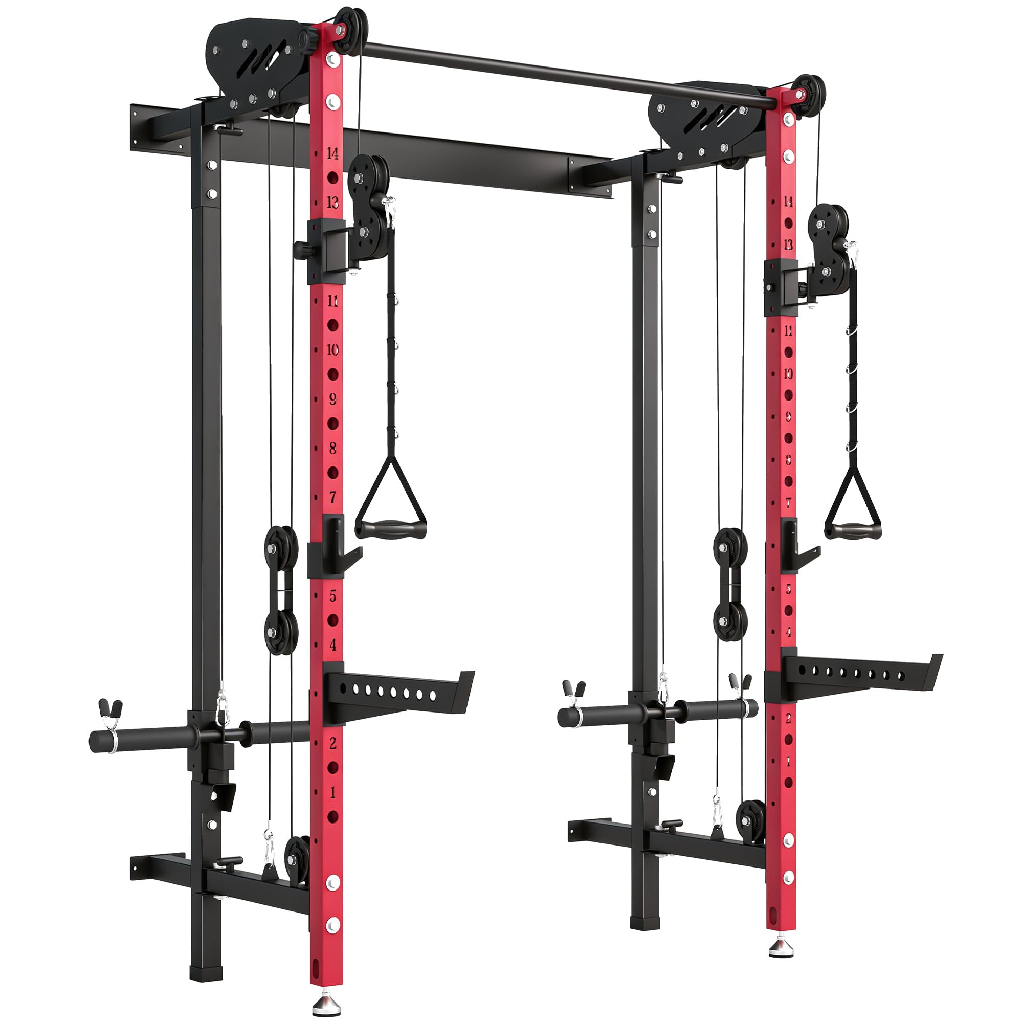 SPORTNOW Jaula de Potencia Musculación Plegable, Rack para Sentadillas | en Pared, Barra de Dominadas, Sistema Poleas Dobles, Soportes Barra Ajustables en 14 Niveles 25-165cm, Carga 700 kg