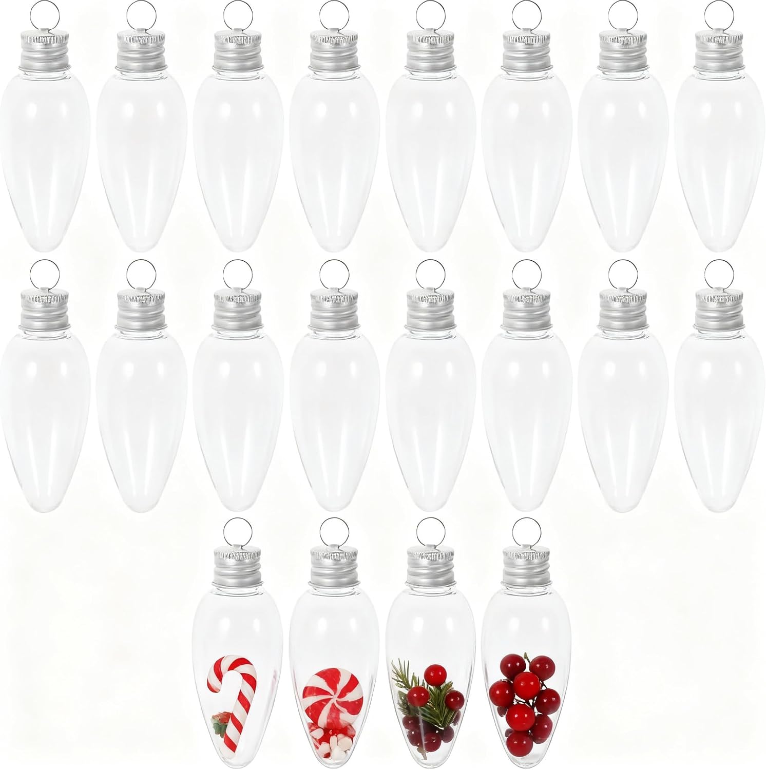 Garneck 20Pcs Christmas Fillable Bulb Ornaments Small Light Bulb Candy Bottle with Screw Off Bottle Caps 3.3'' Clear Plastic Xmas Ornaments for Candy DIY Crafts Christmas Tree Party Decoration