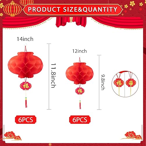 Miniatura 3 de 18 linternas de papel japonesas chinas que incluyen 6 faroles de papel japoneses con flor de cerezo y 12 linternas rojas chinas, linternas de papel