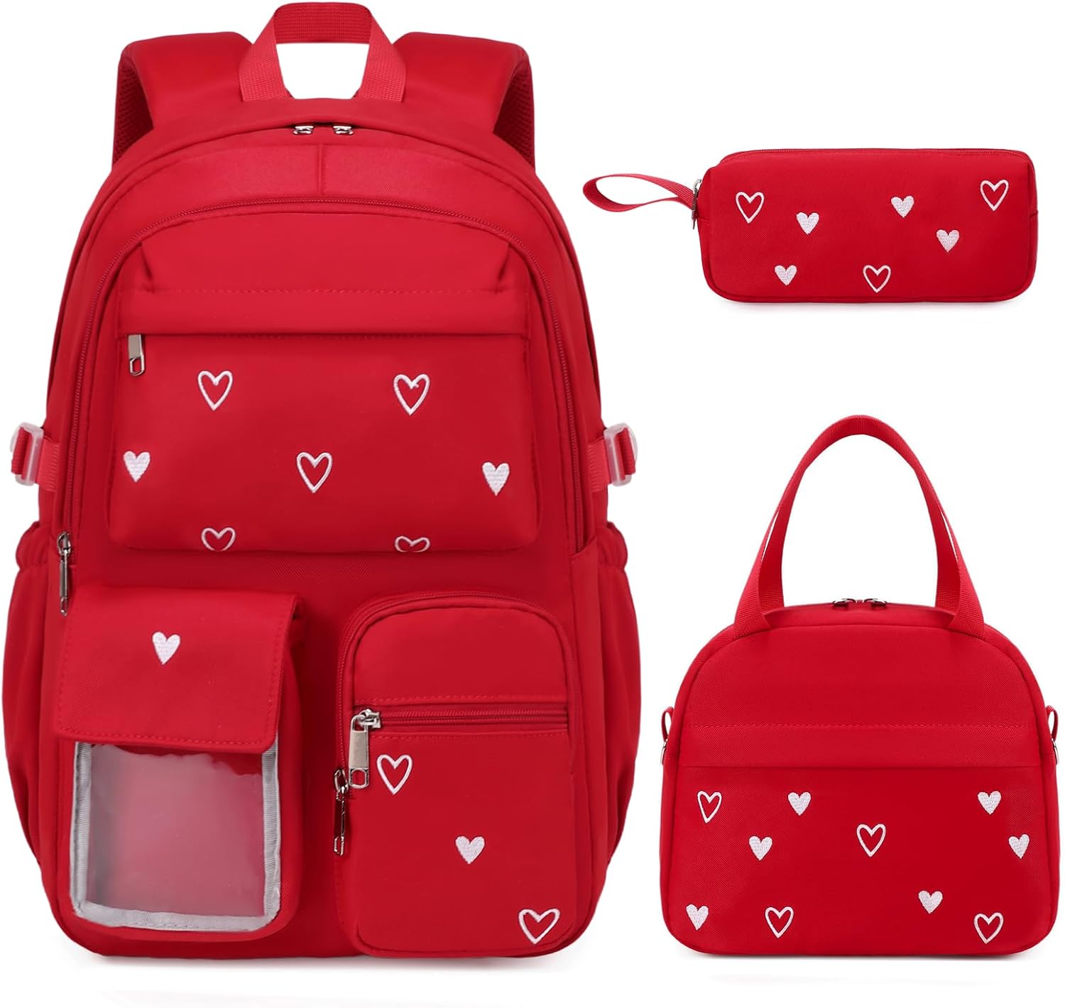 ACESAK 3PCS Embroidered Girls Backpack with Lunch Bag Set,Red Heart