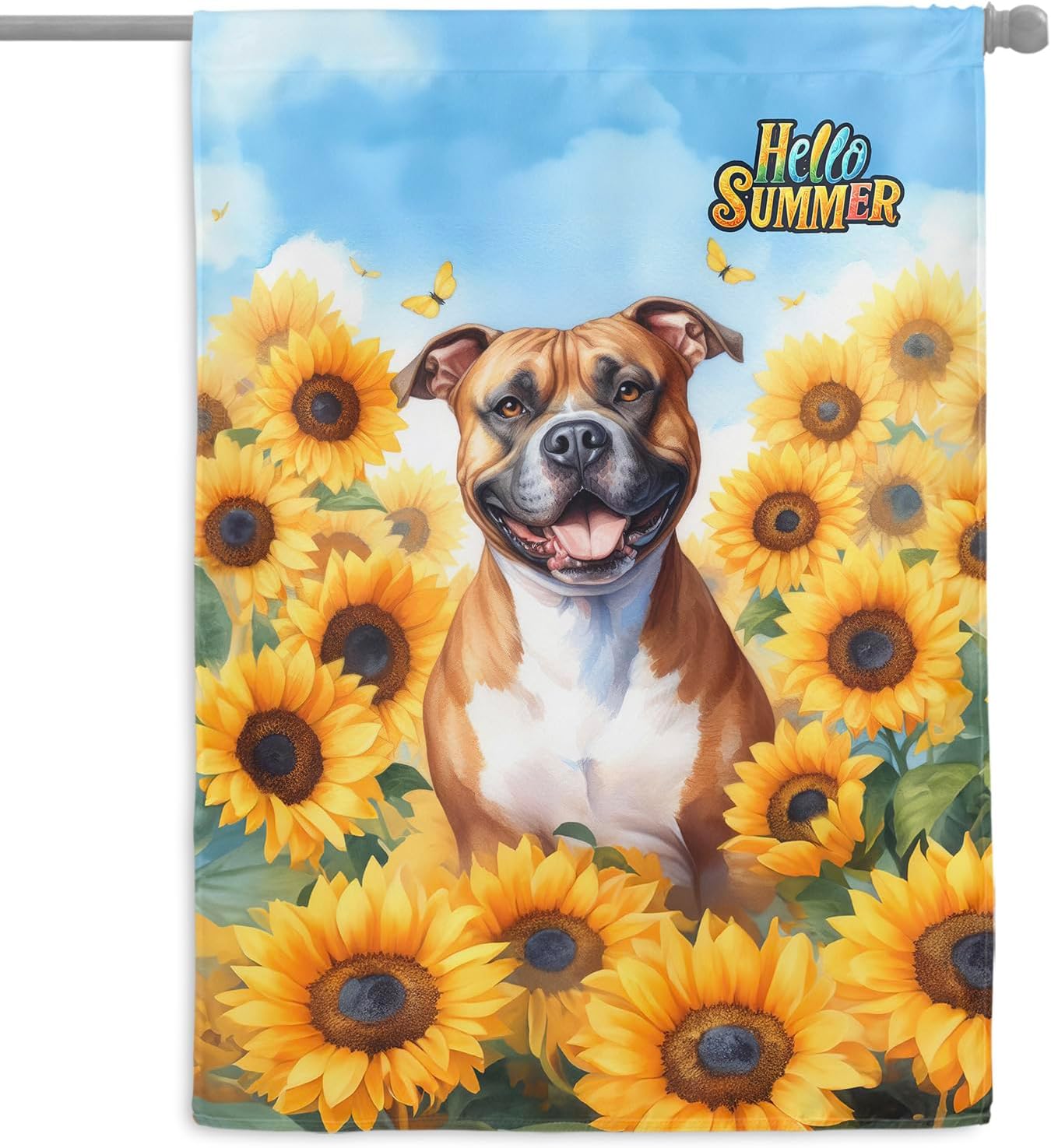 Pitbull Hello Summer Sunshine Sunflowers Spring Retro Vintage House Flag 28x40in Double Sided American Pit Bull Terrier Dog Lover Gifts Idea Outdoor Decor - 008