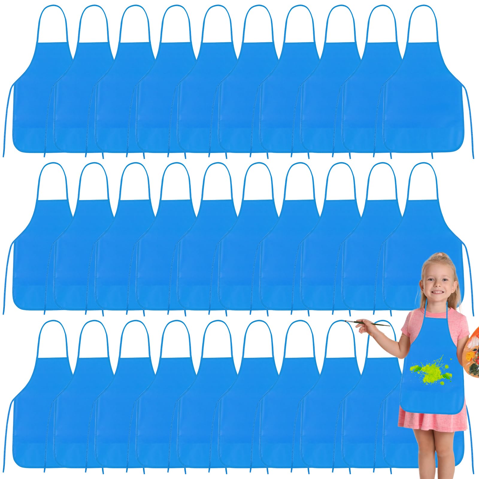 PLULON 30 Pcs Kids Apron Painting Aprons Kids Aprons for Painting Blue Art Smocks Bulk for Art Activity Craft Home Kitchen Classroom Party Supplies