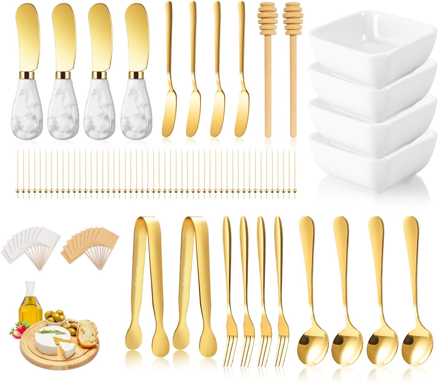 Charcuterie Board Accessories With 3 Oz Ceramic Dip Bowls, Ceramics Handle Gold Cheese Spreader Butter Knive Set Kit, Mini Tongs, Spoons, Forks,Honey Dipper, Cocktail Picks