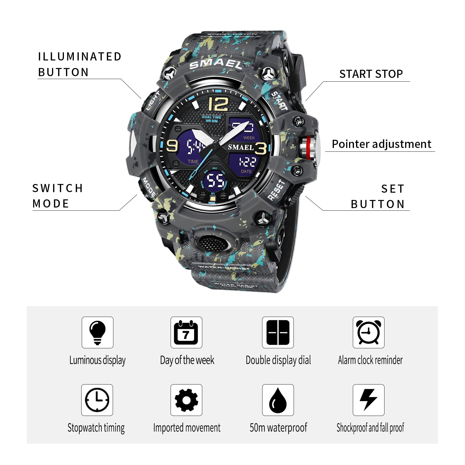 SMAEL 8008 Reloj de cuarzo deportivo resistente al agua reloj de camuflaje de color dual digital (camuflaje gris), Camuflaje Gris