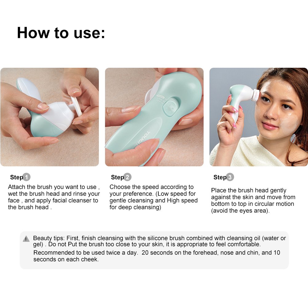 TOUCHBeauty Portable Facial Brush Set with Case & 3 Spin Brush Heads, 0.055mm Deep Pores Cleansing Bristle, Soft Silicone Massager Brush Face Exfoliator Brushes, Mini Travel Size Battery Powered: Beauty