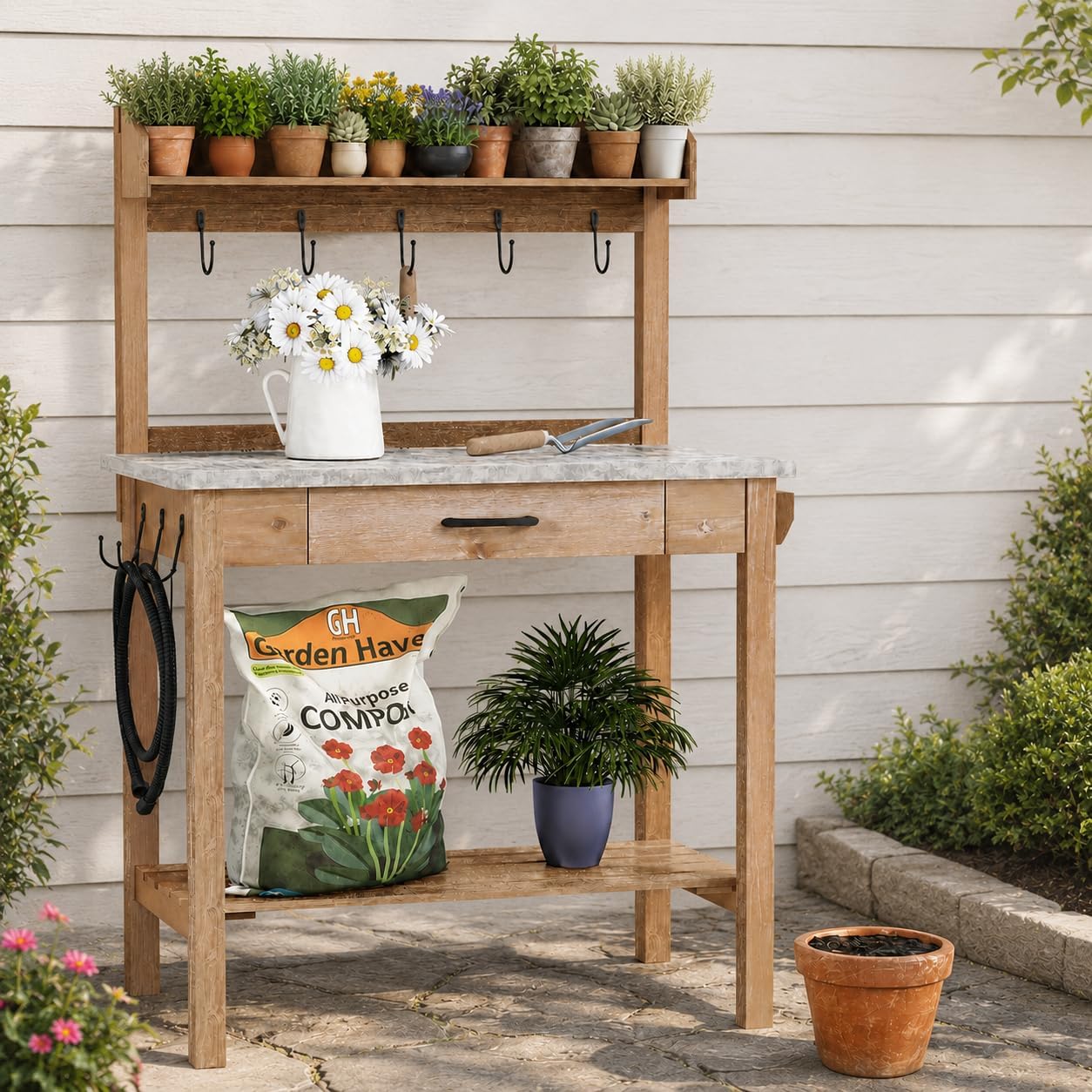 HOLTICO Potting Bench with Storage Drawer, Natural