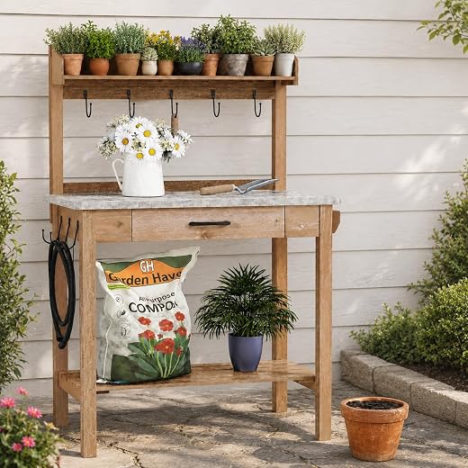 HOLTICO Potting Bench with Storage Drawer, Natural | Potting Table with Metal Tabletop, Removable Top Shelf & 3 Side Hooks for Balconies, Greenhouses, Front Porches, Patios