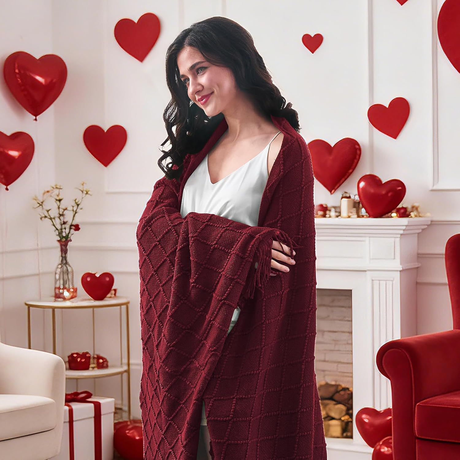 inhand Knitted Gifts Claret Throw Blankets for Couch,Valentines Day Red Decor for Her Him Girlfriend Wife, Romantic Lightweight Decorative with Tassel, Farmhouse Warm Woven for Women,50"x60" - Image 3