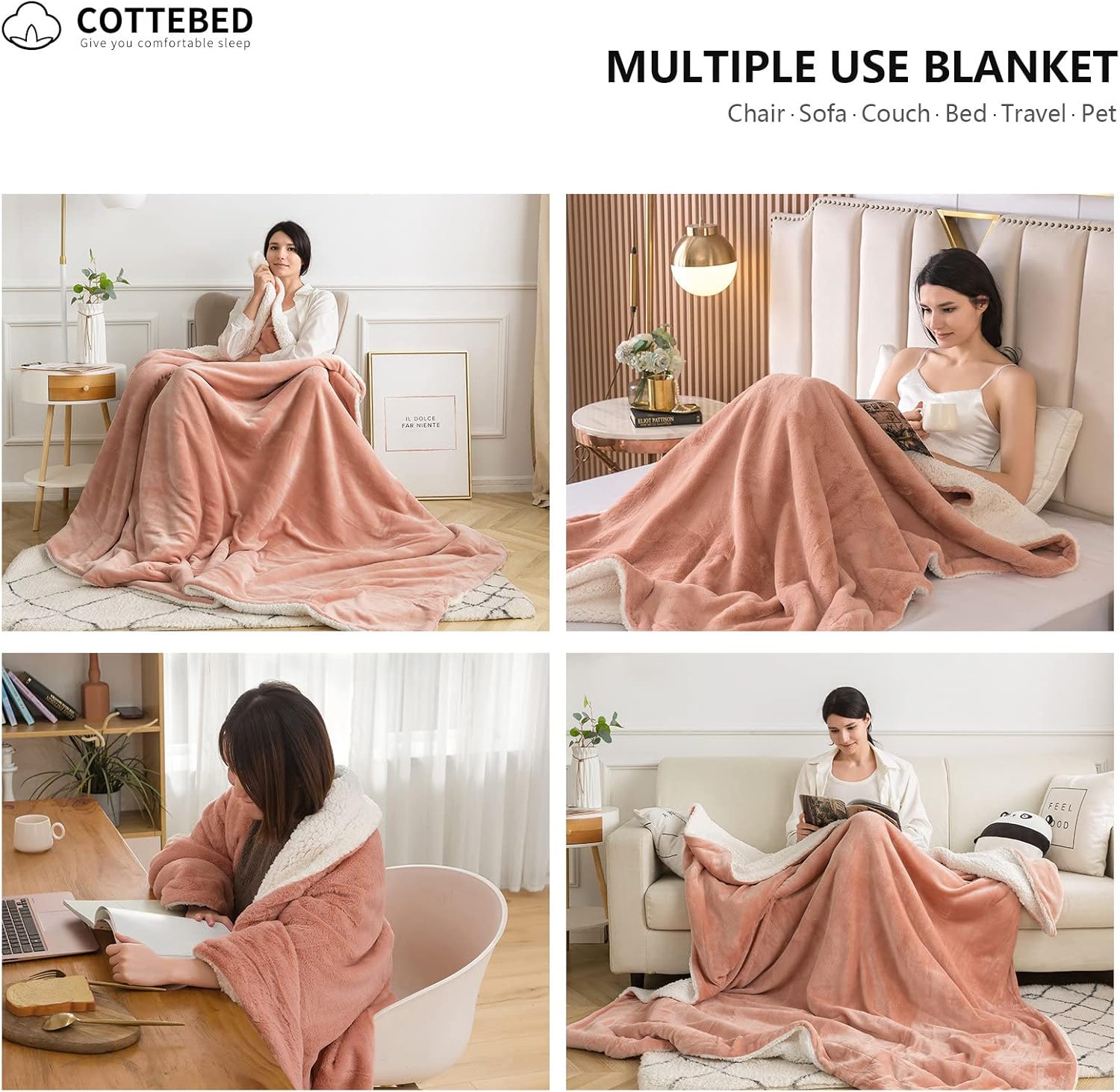 Sherpa Blanket Twin Faux Fur Rabbit Throw Blankets for Couch Chair Lightweight Blanket Baby Bed Soft Plush Microfiber Comfy Washable Fuzzy Reversible Throws All Seasons(Dusty Pink,50"x70")