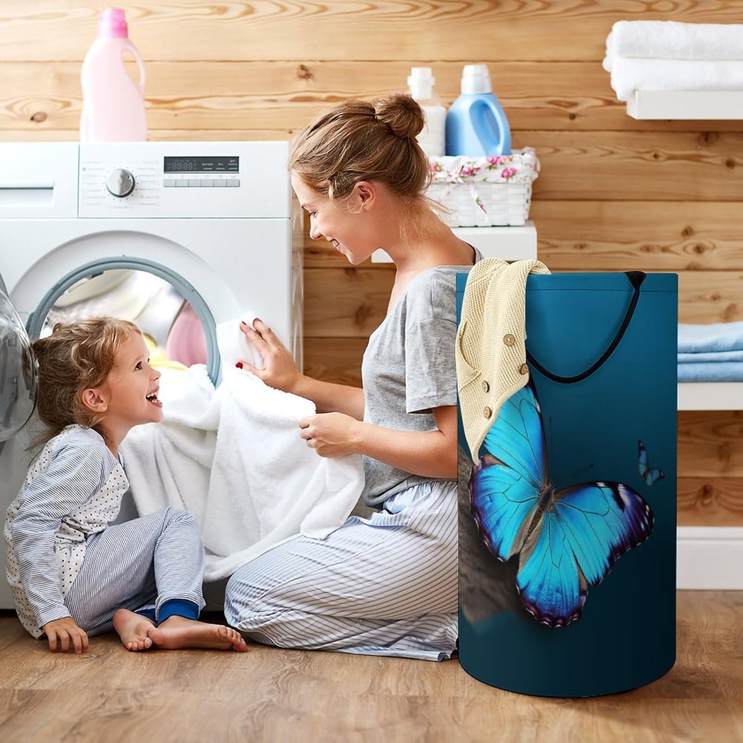 Beautiful Blue Butterfly Laundry Basket Freestanding Laundry Hamper with Handles Waterproof Dirty Clothes Hamper Collapsible Washing Bin Aesthetic Clothes Basket for Bathroom Bedroom Dorm