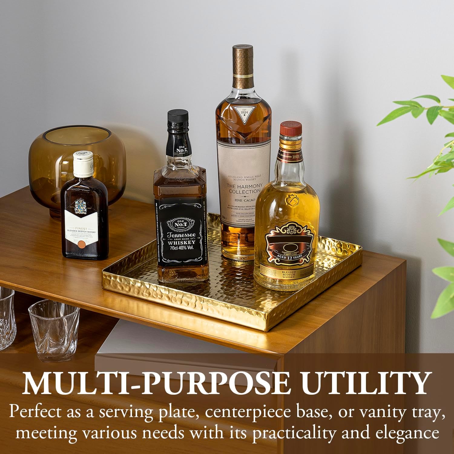 MyGift 11-Inch Square Brass Tone Hammered Aluminum Decorative Display Tray – Handcrafted Vanity Tray or Serving Platter Centerpiece Base – Made in India