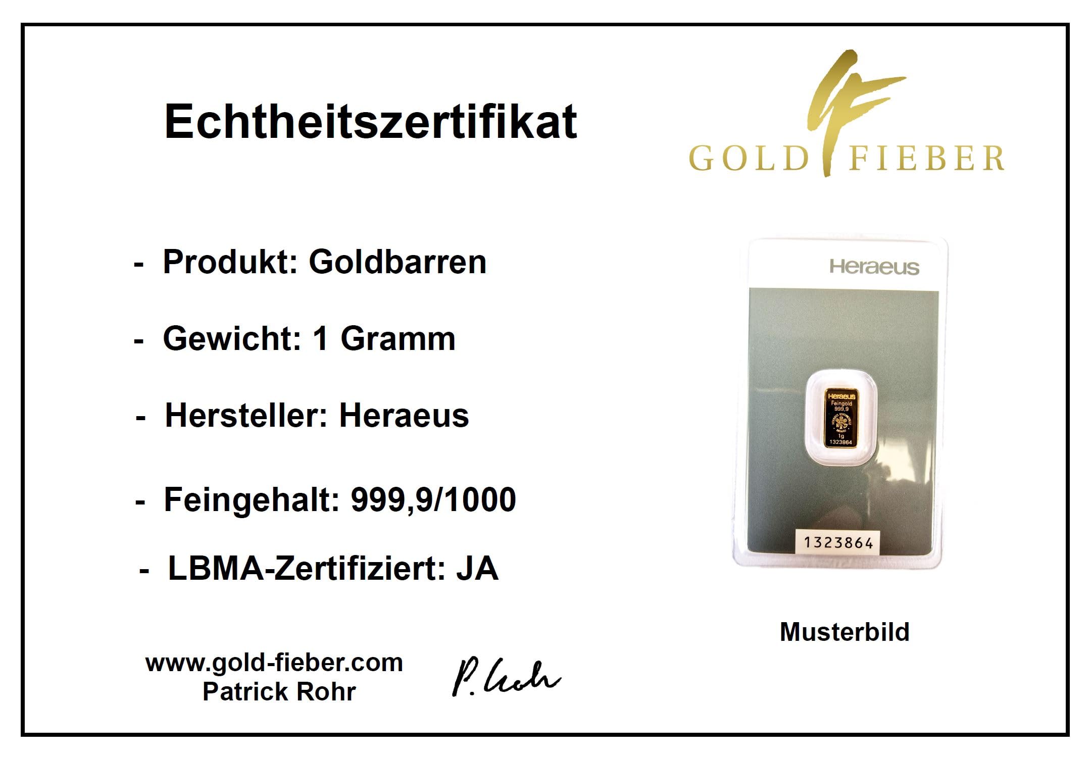 1 Gramm Goldbarren Heraeus + Echtheitszertifikat - LBMA - 1g Gold - Feingold 999.9/1000 - NEU