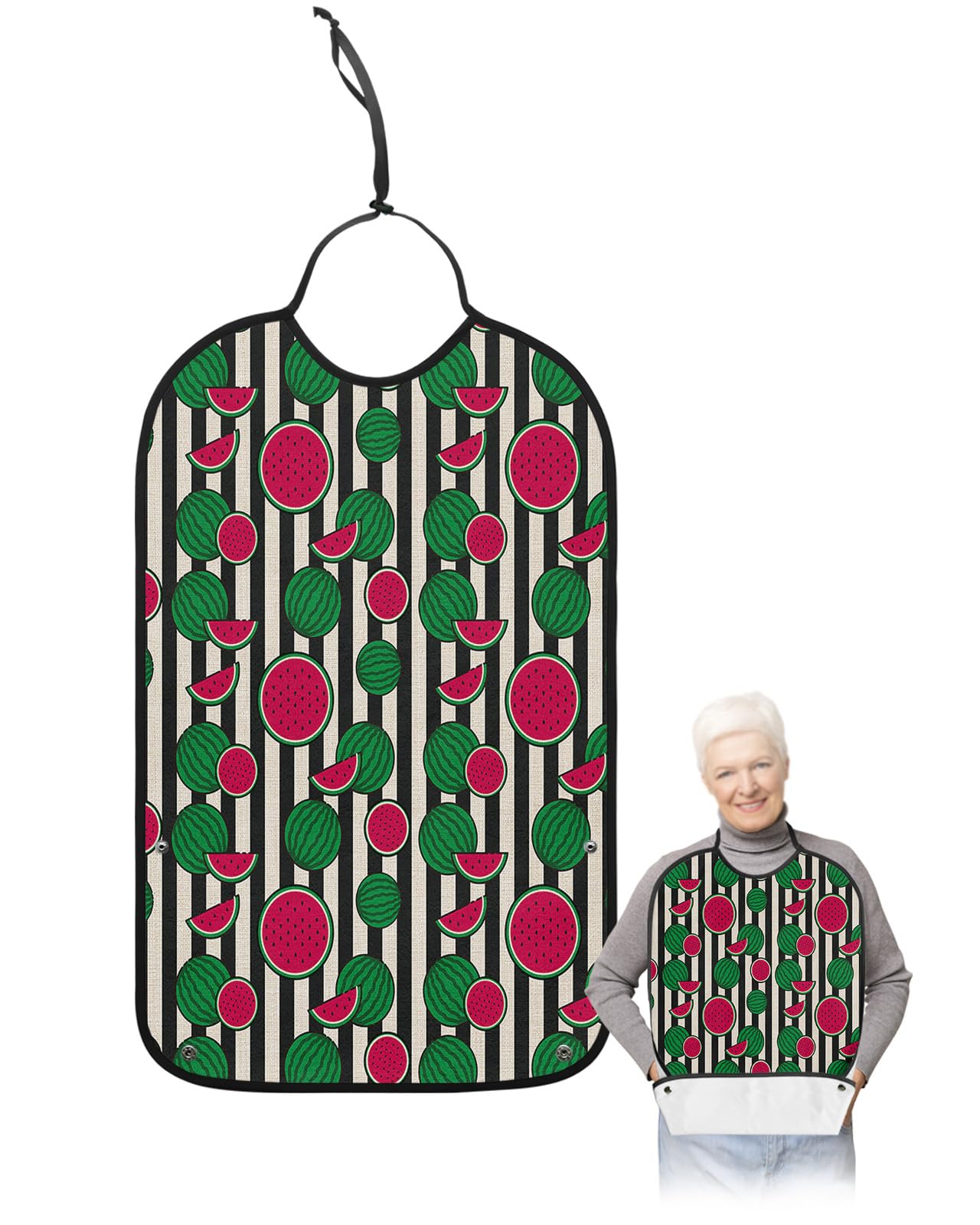 Kewadony Adult Bibs for Elderly Women - Summer Watermelon Waterproof Dining Clothing Protectors with Crumb Catcher for Eating/Feeding, Vintage Fruits Black and White Stripes Terry Cloth Bib Washable