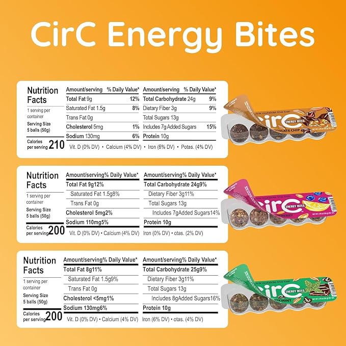 CirC Protein Energy Bites Variety Pack - Gluten Free Protein Balls, 10g Protein, Healthy Bar Snack for Adults & Kids, Non-GMO Whole Grains, Nuts & Fruit, Resealable Pack, 12 Pack Count (5 Protein Balls Per Pack) miniatura 3