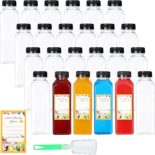 DANALLAN 24 botellas vacías de jugo de 12 onzas con tapas, botellas de plástico reutilizables de primera calidad, contenedor de jugo, tapas negras