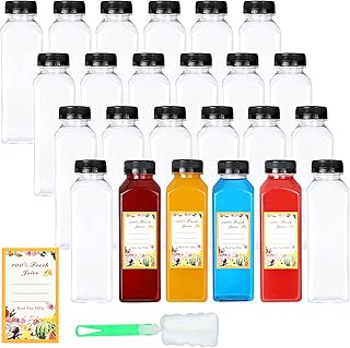 DANALLAN 24Pcs12oz Empty Juice Bottles with Caps, Premium Reusable Plastic Bottles Juice Container Transparent Black Leak-proof Lids for Drink Juice Smoothie Milk Beverages Water