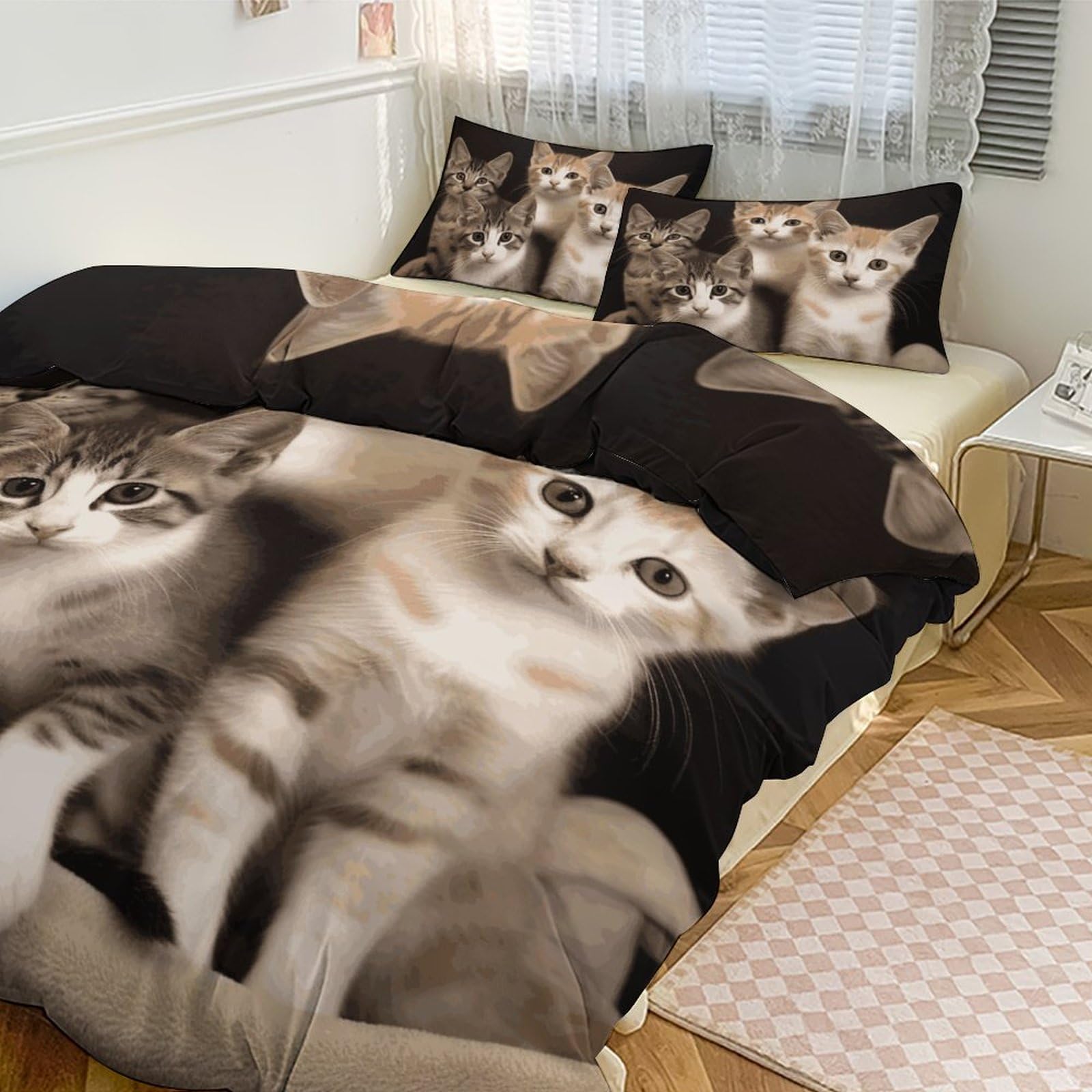 Parure de lit 3 pièces motif chatons mignons couvre-lit et taie d'oreiller pour grand lit