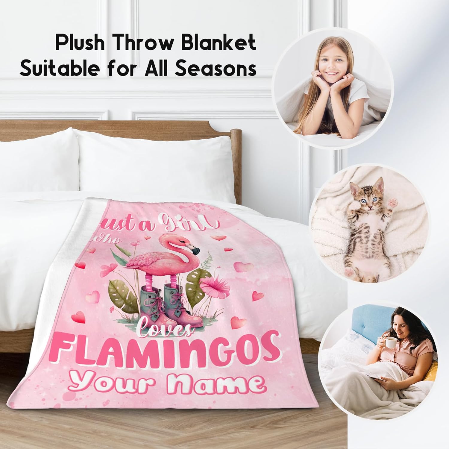 Custom Flamingo Blanket with Name, Personalized Flamingo Gifts for Girls Women, 60"x80" Soft Pink Blankets Gift for Girls Daughter, Cute Flannel Kids Throw for Bed