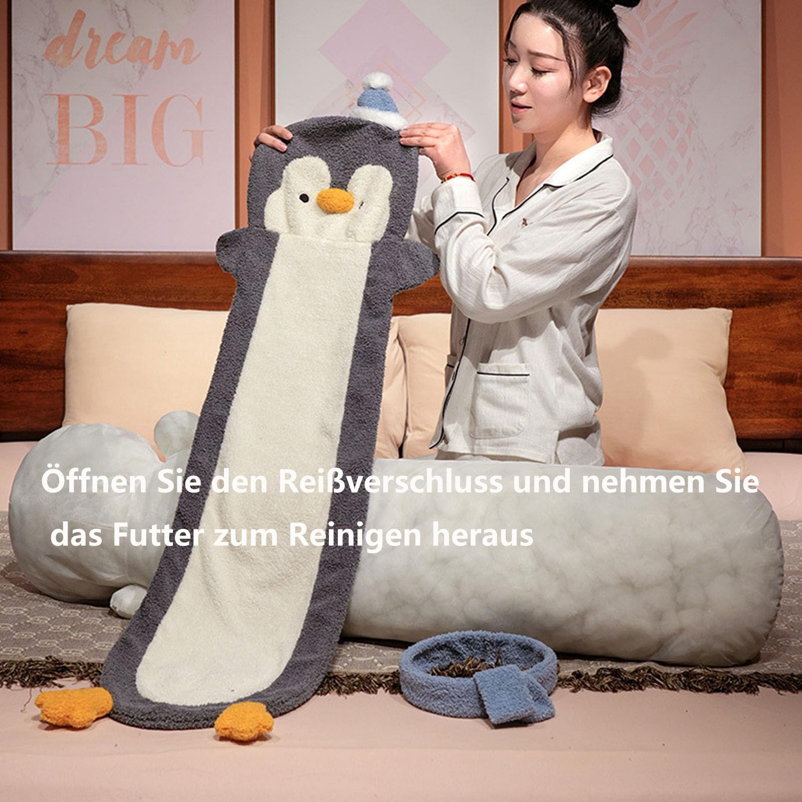 Langer Pinguin Plüsch Kissen,Seitenschläfer Kuscheltier,Plüsch Pinguin Kuscheltier Kissen,Cartoon Weiches Nackenkissen Puppen, Niedliche Schlafkissen Geschenke Für Kinder (120cm,Grau)