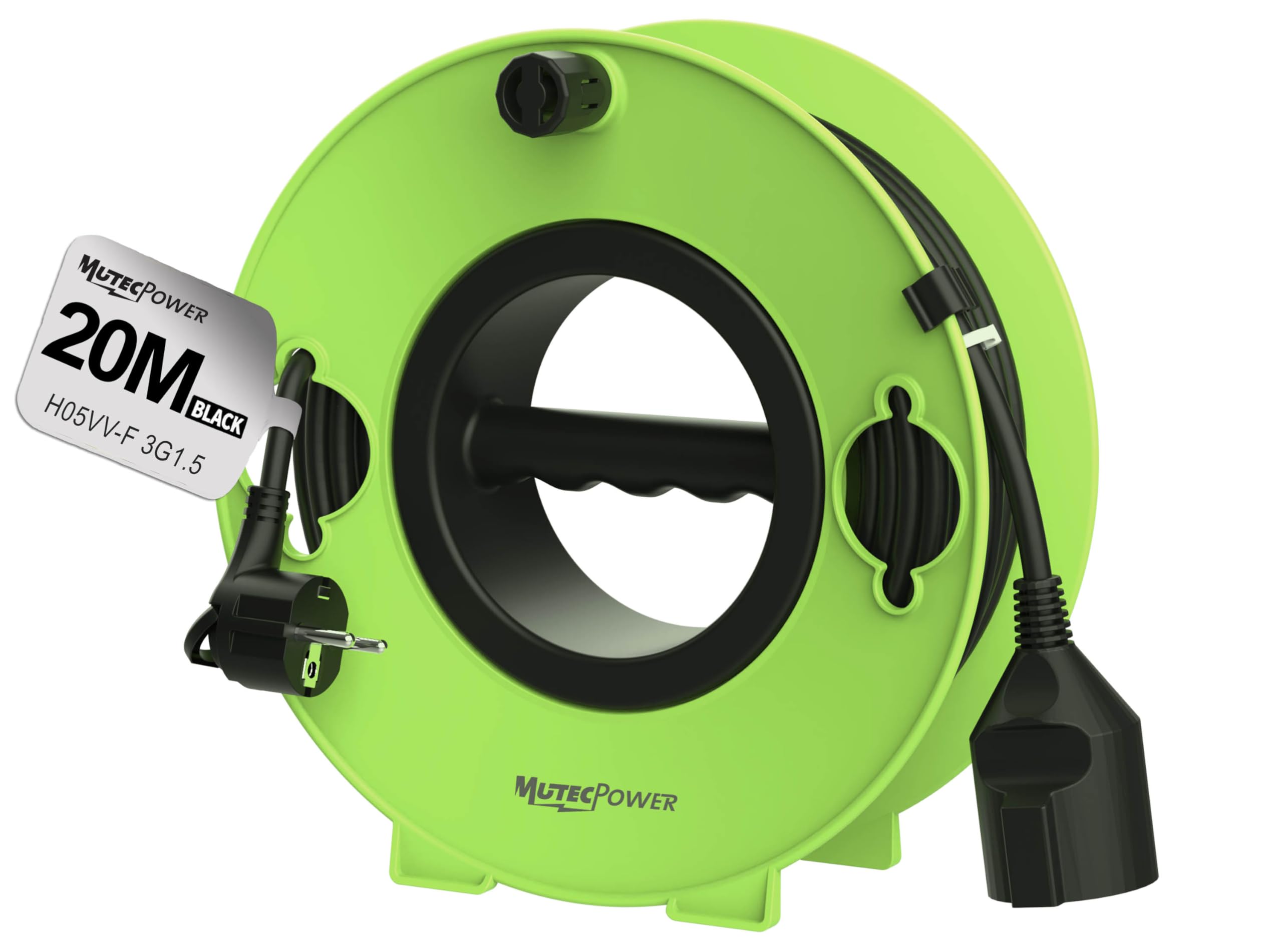MutecPower avvolgicavo con prolunga Schuko da 20 m, spina ultra piatta con linguetta ribaltabile H05VV-F 3G1.5, 16A/250V, IP20 per uso interno – verde, portatile, avvolgibile e montabile a parete