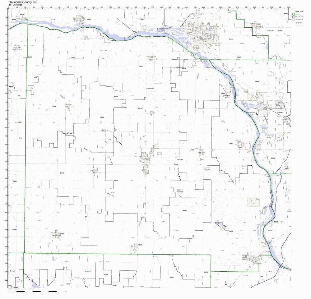 Saunders County, Nebraska NE ZIP Code Map Not Laminated