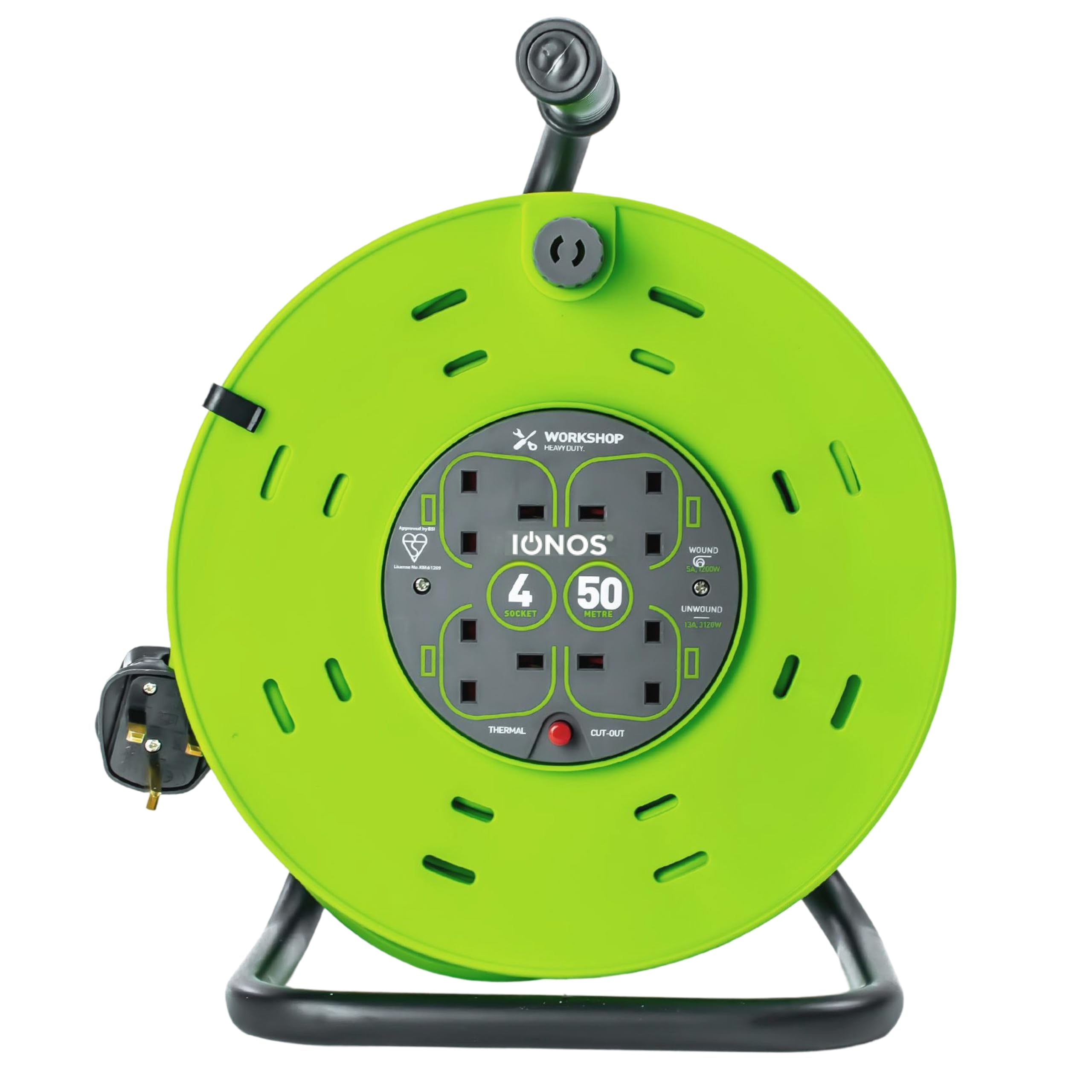 IONOS 4 Socket Cable Reel, 50m, Green, 13 Amp, Thermal Cut Out, Heavy Duty, Outdoor Extension Lead, Ideal for Garden, Workshop, DIY, Power Tools (ION50M13ACR1)