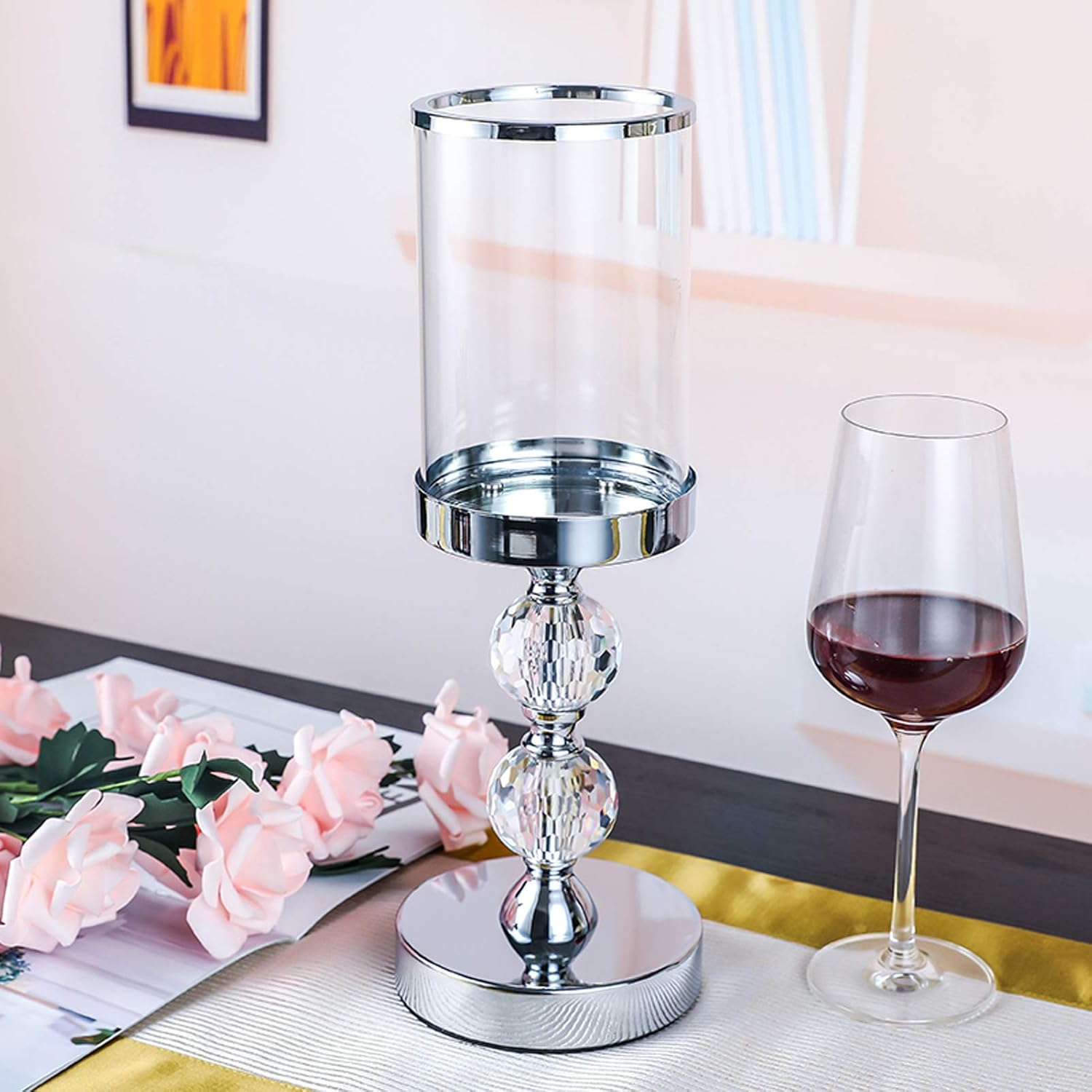 2balls Clear Crystal Glass Pillar Candle Holder, Hurricane Glass Tea Light Taper Candle Stand Candlesticks, Weighted Base, Gift for Christmas Decorations Silver : Home & Kitchen