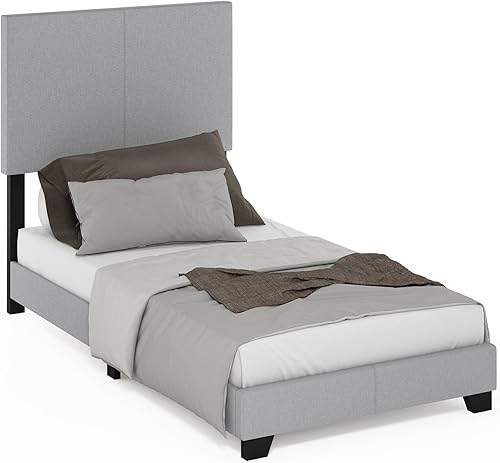 Miniatura 4 de Furinno Pessac - Marco de cama tapizado de tela con soporte de listones de madera, tamaño individual, glaciar